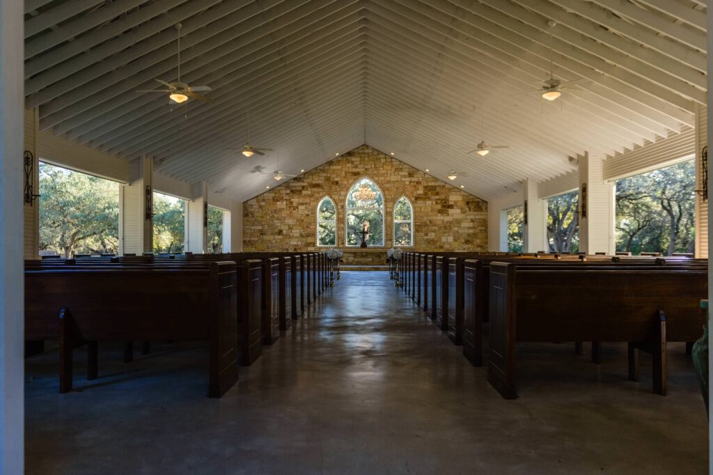 the open air chapel in new braunfels at the chandelier of gruene