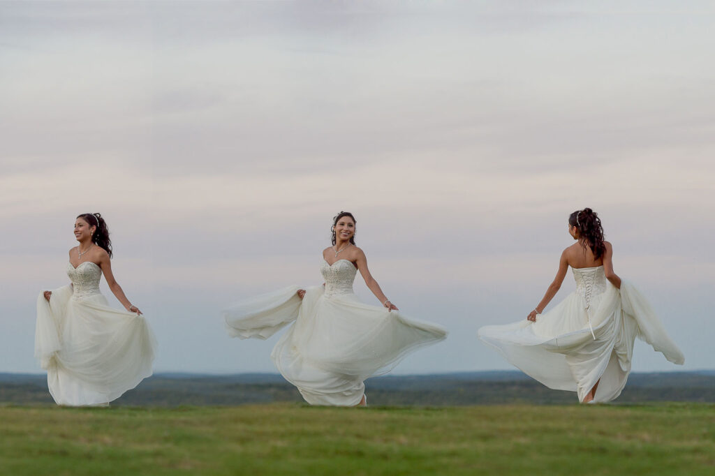 composite image of a bride in various stages of her spinning in her wedding dress on the edge of the golf course at jw marriott resort & spa by San Antonio TX Wedding Photographer Tammy Blalock, Ata-Girl Photography Co.